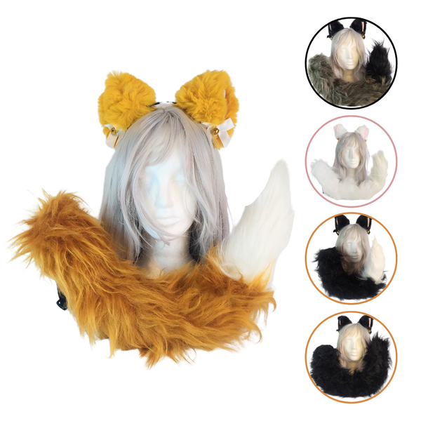 Cosplay Fantasia Pelúcia Orelha Gato Rabo Raposa 60cm Arame