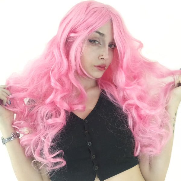 Peruca Cosplay Fantasia Rosa Ondulada 60 Cm Adulto E Infanti