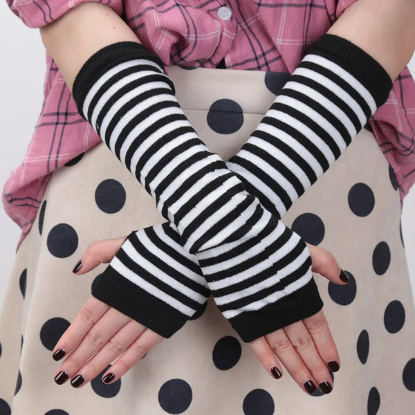 Luvas Longas Listradas Sem Dedos Punk Kawaii Emo Gotica Lolita Hip-hop